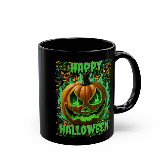 Happy Halloween Green Jack Black Mug by CreepyCrafts.boo