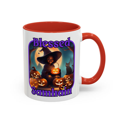 Blessed Samhain Cute Witch Purple font White Accent Mug by CreepyCrafts.boo