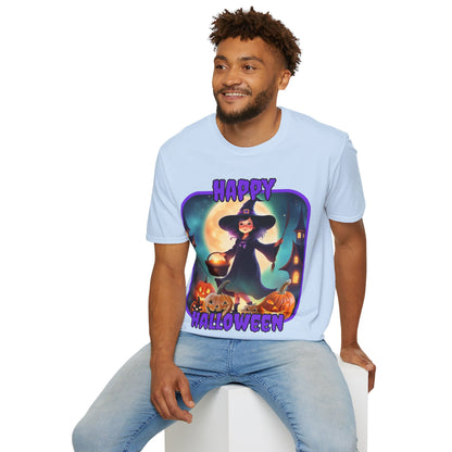 Happy Halloween Little Witch Purple font, Light colors, Unisex T-Shirt by CreepyCrafts.boo