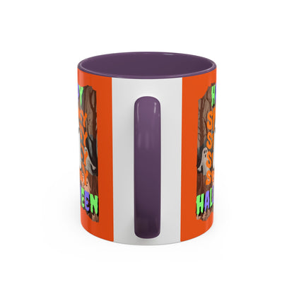 Spooky Happy Halloween Ghost Mixed font Orange Accent Mug by CreepyCrafts.boo