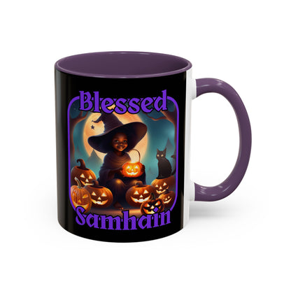 Blessed Samhain Cute Witch Purple font Black Accent Mug by CreepyCrafts.boo