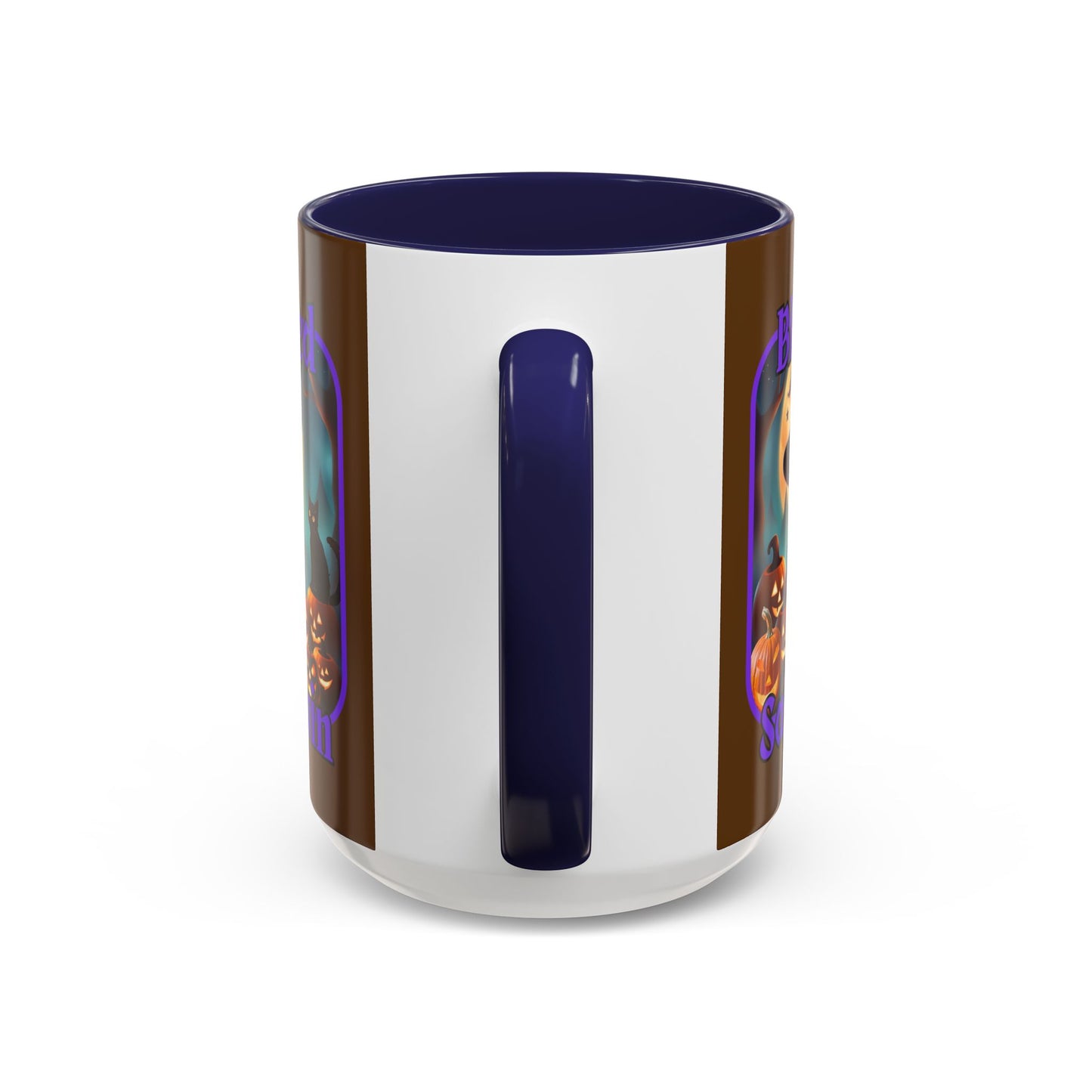 Blessed Samhain Cute Witch Purple font Brown Accent Mug by CreepyCrafts.boo