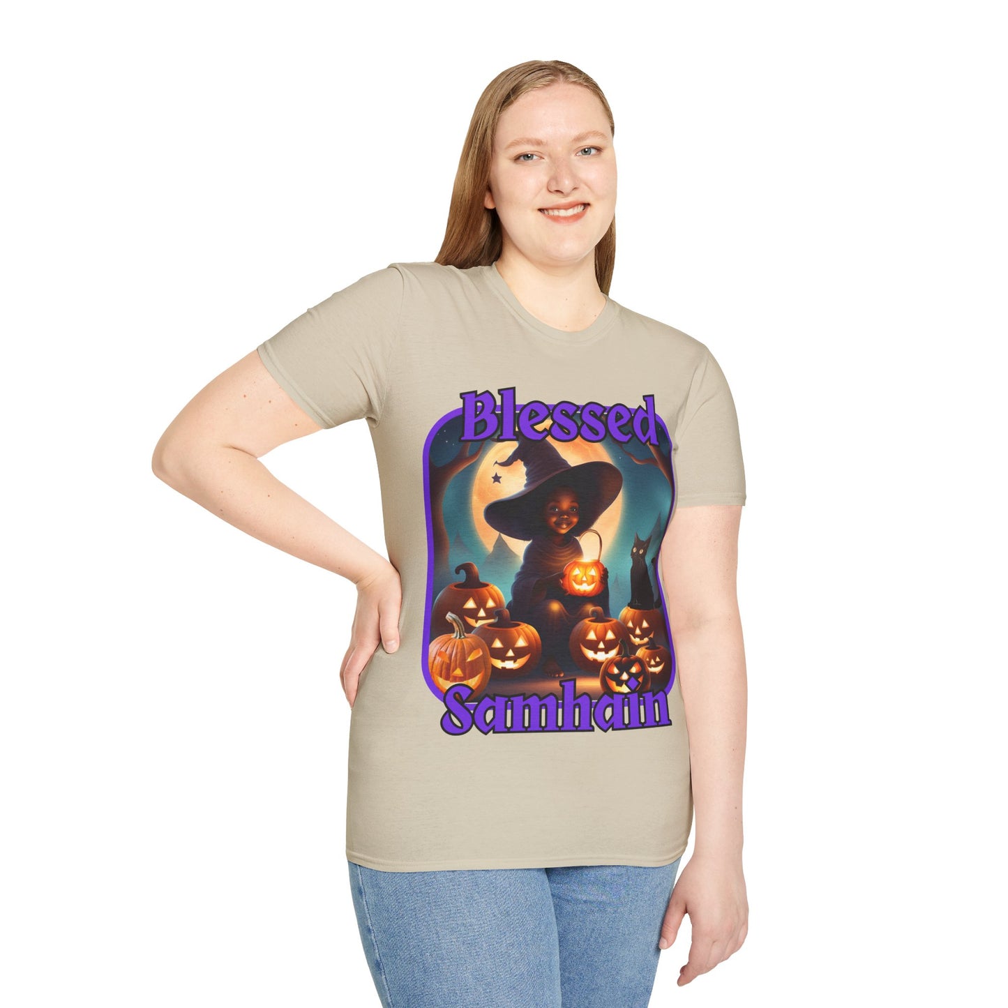 Blessed Samhain Cute Witch Purple font Light colors Unisex T-Shirt by CreepyCrafts.boo