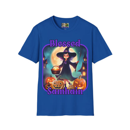 Blessed Samhain Little Witch Purple font Dark colors Unisex T-Shirt by CreepyCrafts.boo