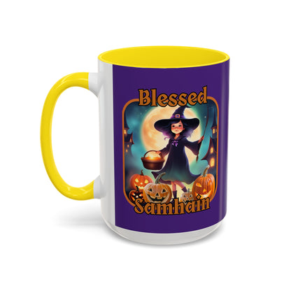 Blessed Samhain Little Witch Orange font Purple Accent Mug by CreepyCrafts.boo