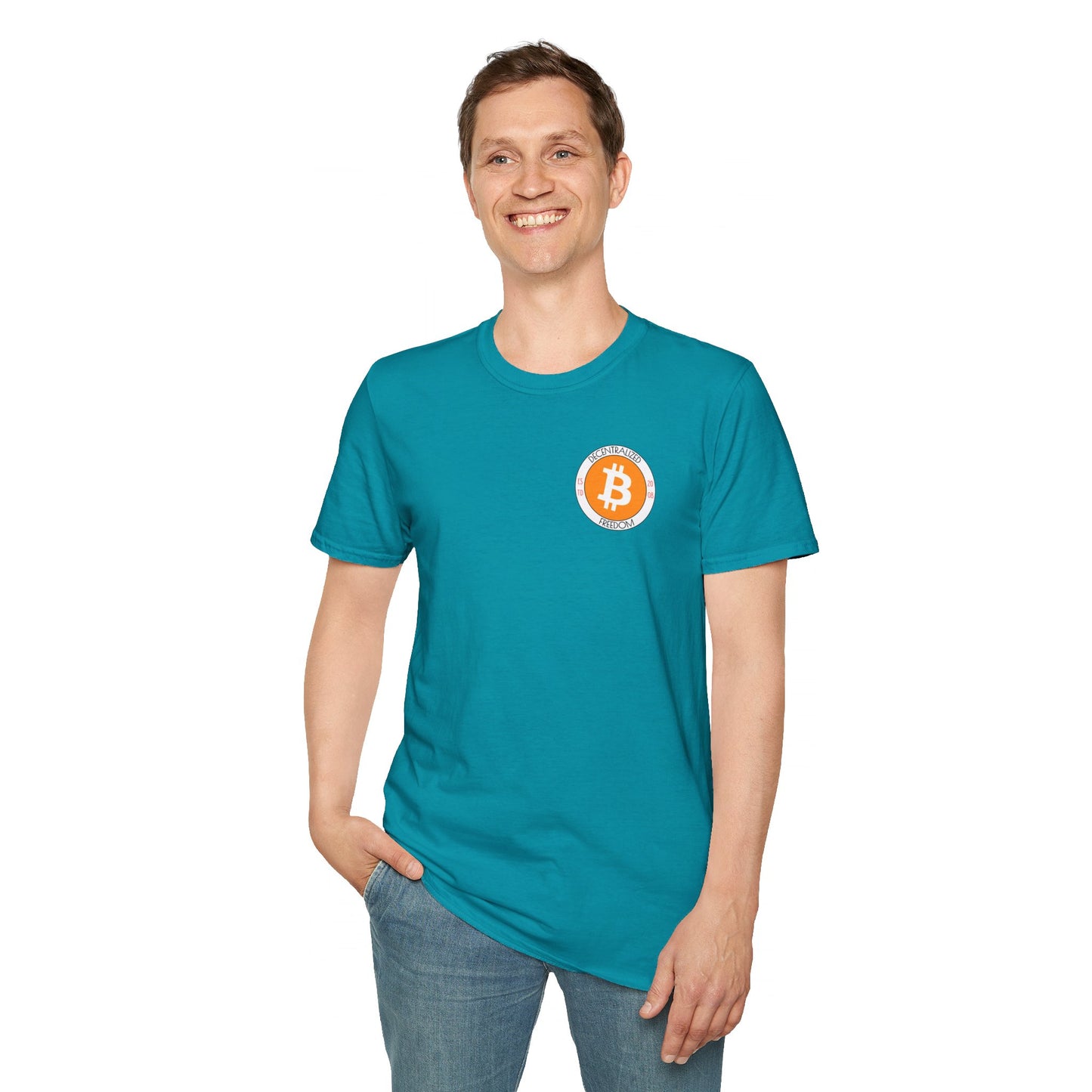 2-sided Bitcoin (BTC) Decentralized Freedom DKcolors Unisex T-Shirt by cypherpunkgear