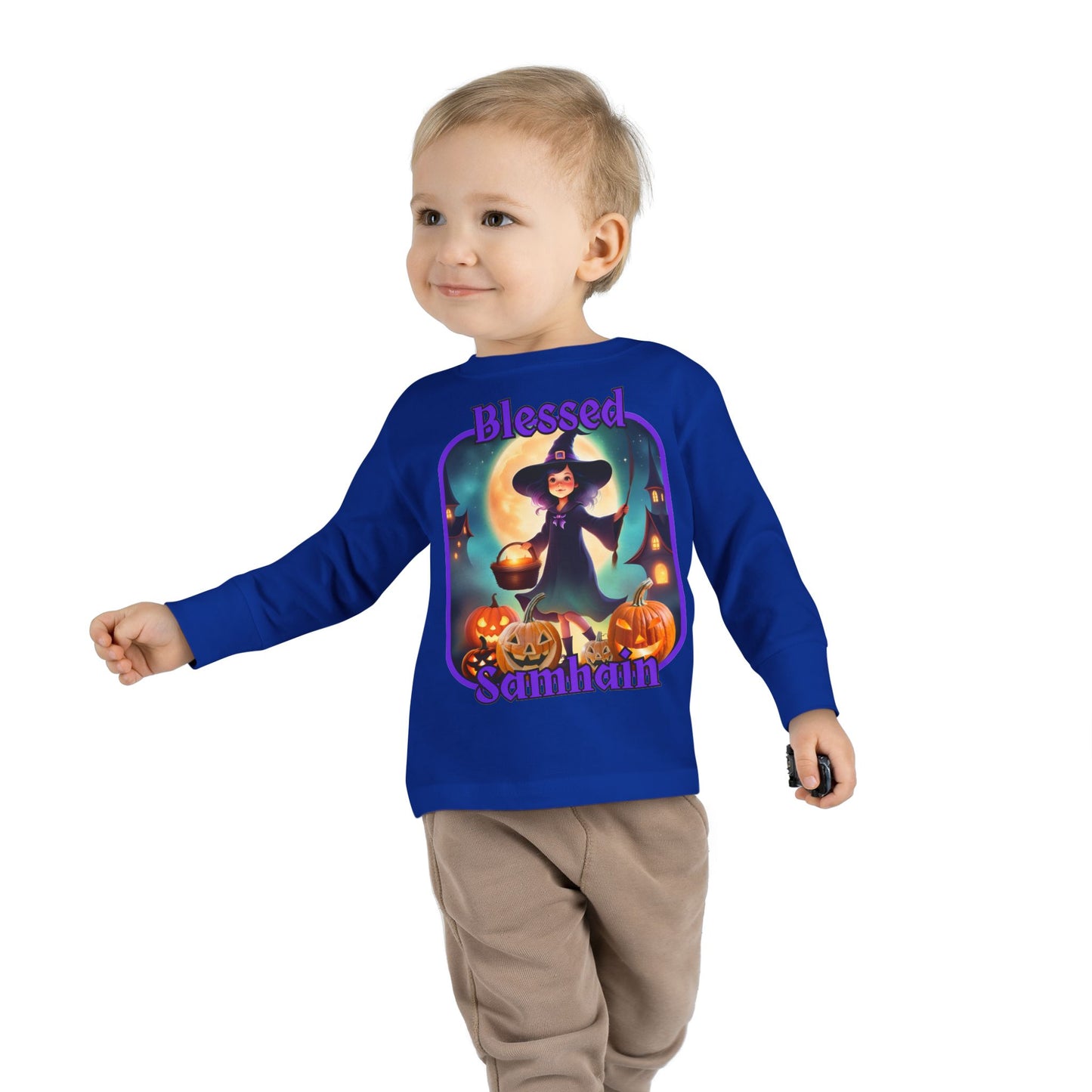 Blessed Samhain Little Witch Purple font Toddler Long Sleeve Tee by CreepyCrafts.boo