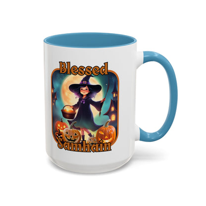 Blessed Samhain Little Witch Orange font White Accent Mug by CreepyCrafts.boo