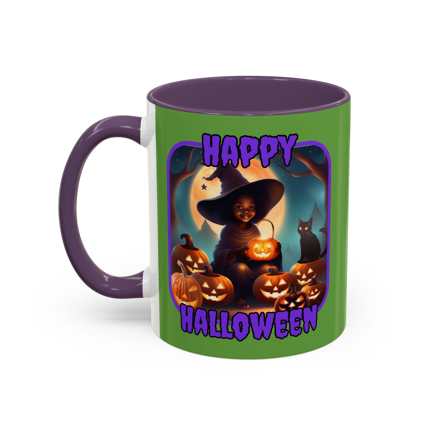 Happy Halloween Cute Witch Purple font Green Accent Mug by CreepyCrafts.boo