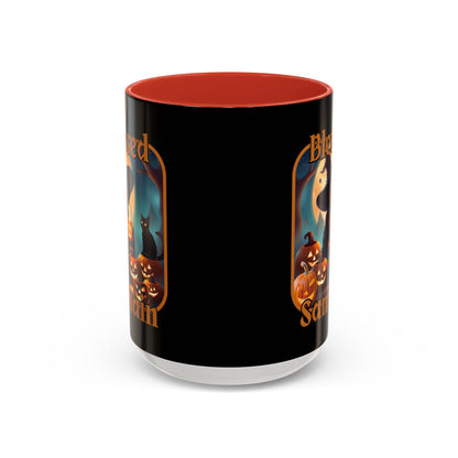 Blessed Samhain Cute Witch Orange font Black Accent Mug by CreepyCrafts.boo