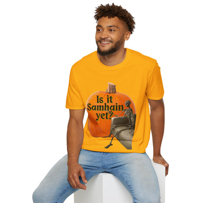 Is It Samhain Yet? Skeleton's Giant Pumpkin Light colors Unisex T-Shirt by CreepyCrafts.boo