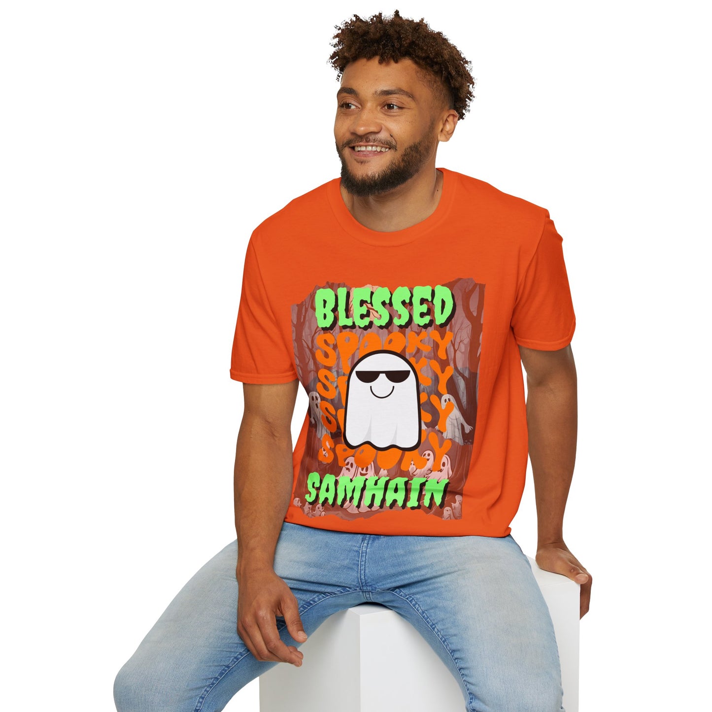 Spooky Blessed Samhain Ghost Green font Unisex T-Shirt by CreepyCrafts.boo
