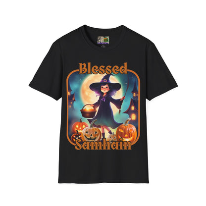 Blessed Samhain Little Witch Orange font Dark colors Unisex T-Shirt by CreepyCrafts.boo