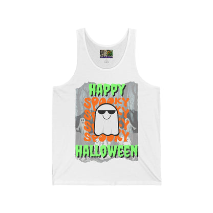 Spooky Happy Halloween Ghost Green font Unisex Jersey Tank Top by CreepyCrafts.boo