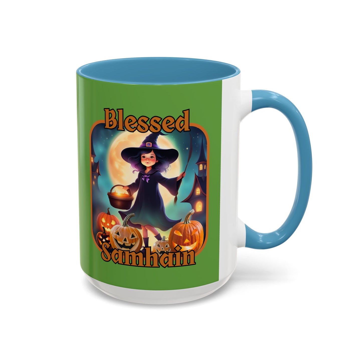 Blessed Samhain Little Witch Orange font Green Accent Mug by CreepyCrafts.boo