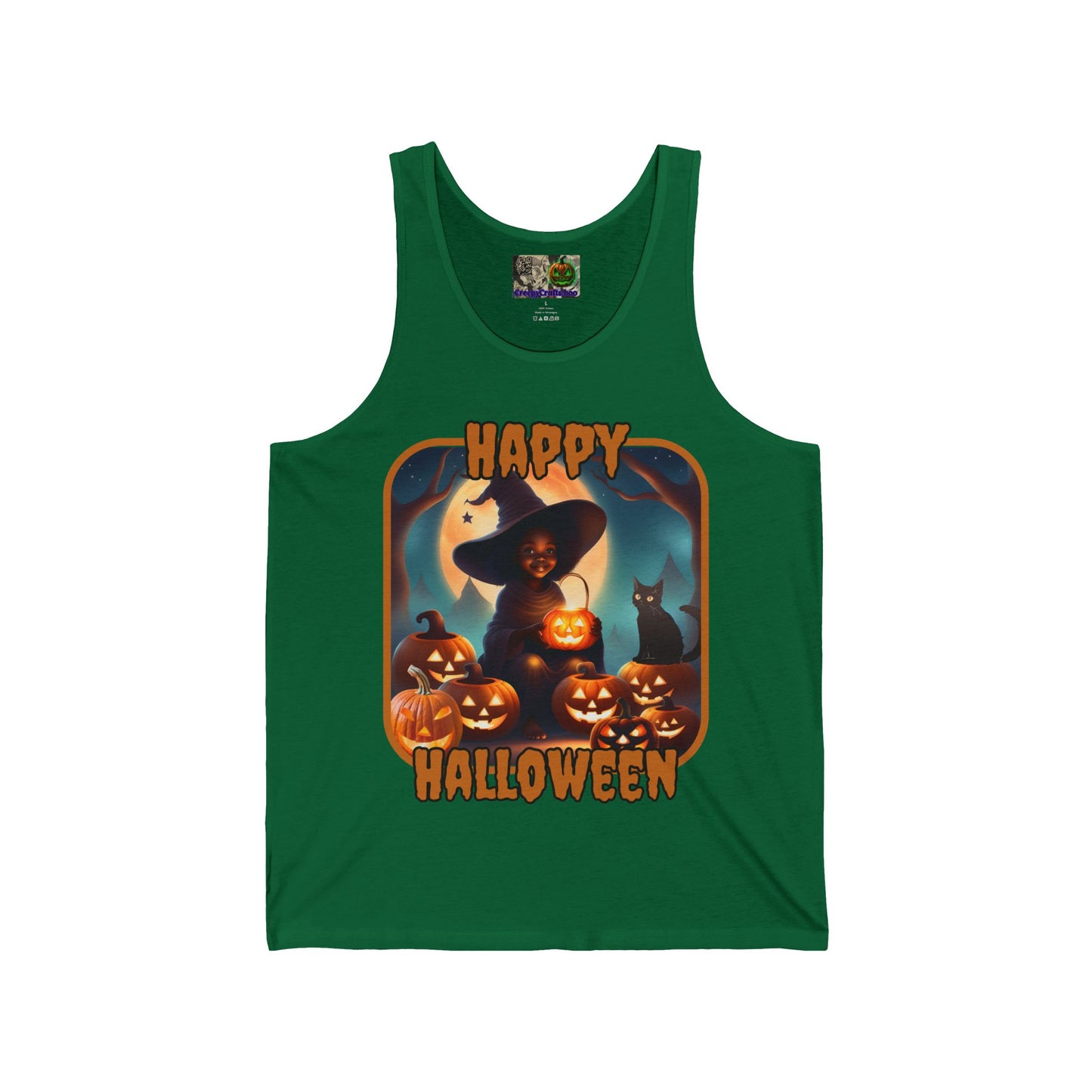 Happy Halloween Cute Witch Orange font Unisex Jersey Tank Top by CreepyCrafts.boo