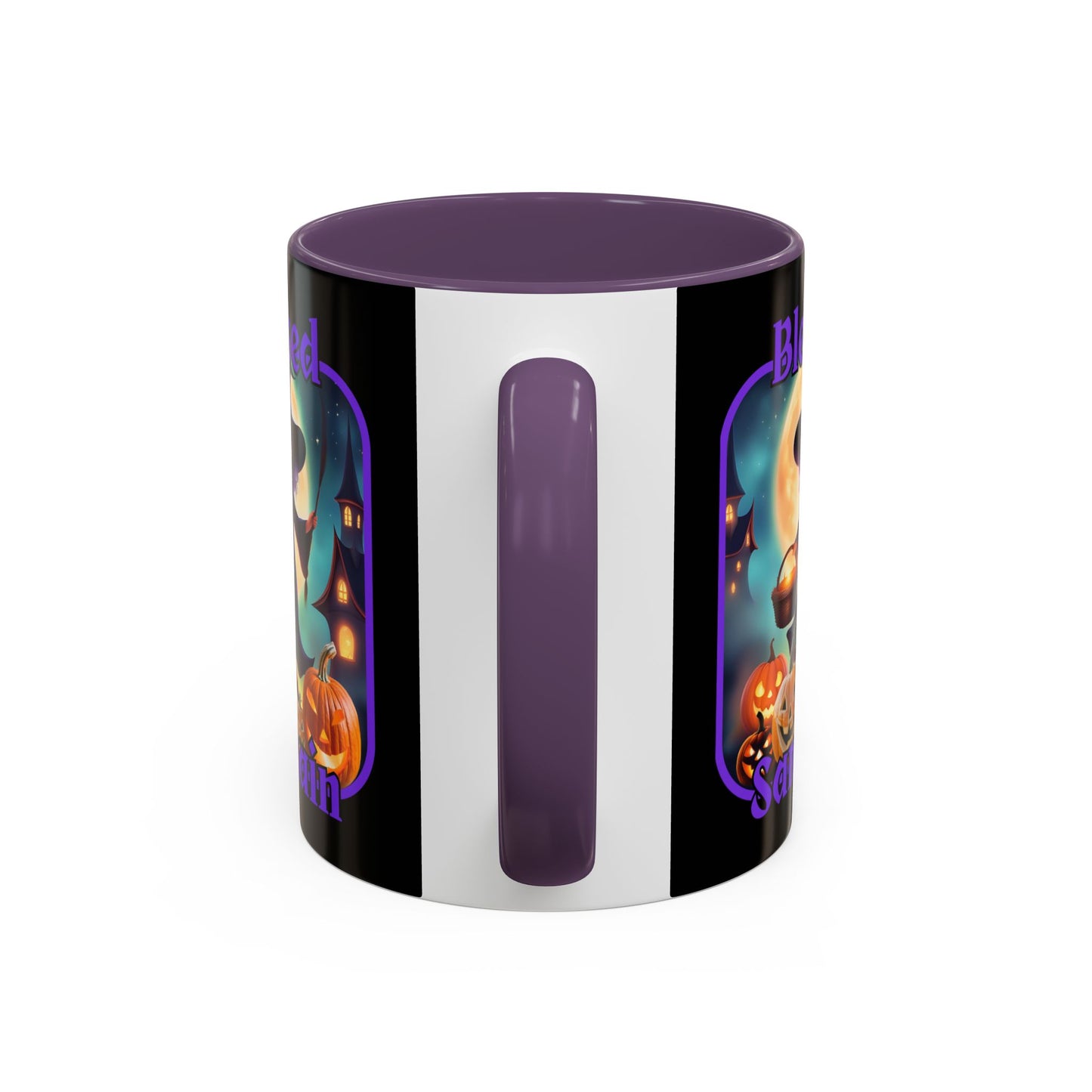 Blessed Samhain Little Witch Purple font Black Accent Mug by CreepyCrafts.boo