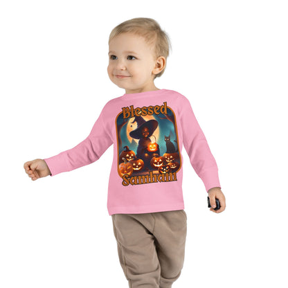 Blessed Samhain Cute Witch Orange font Toddler Long Sleeve Tee by CreepyCrafts.boo