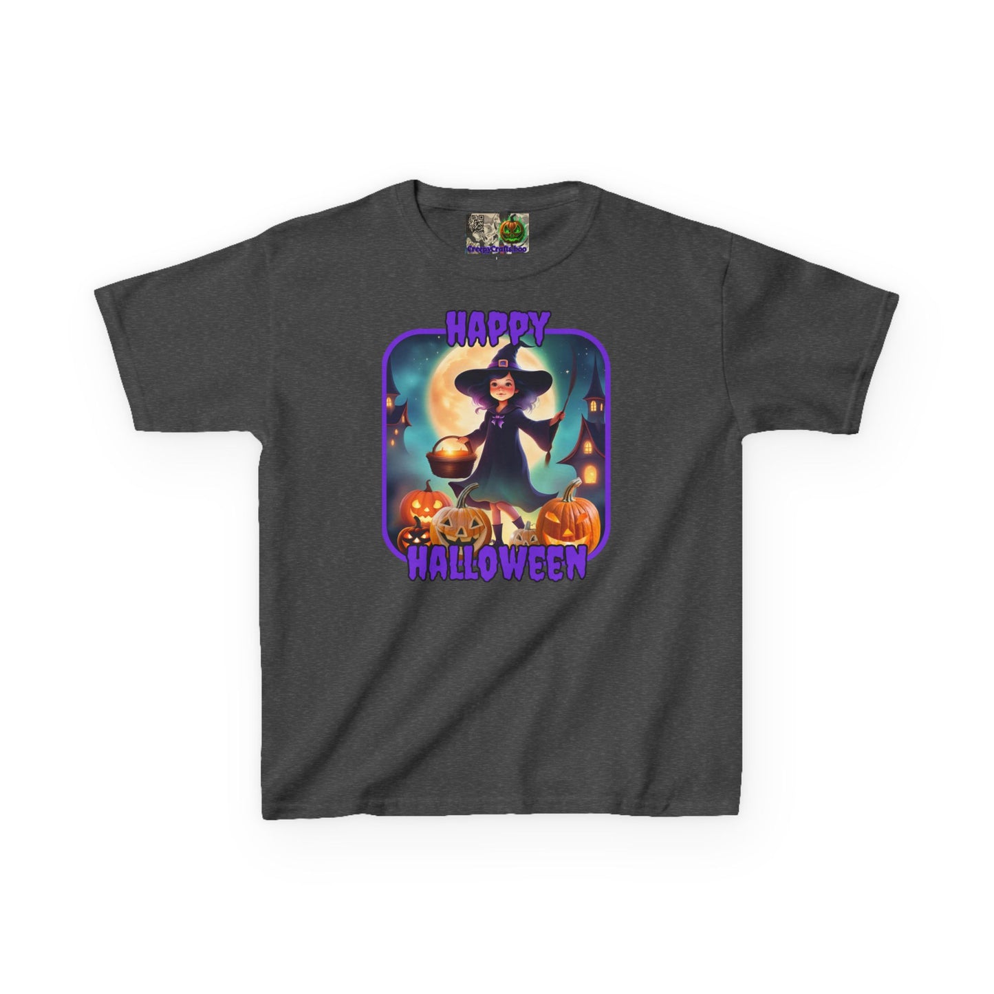 Happy Halloween Little Witch Purple font Kids Heavy Cotton™ Tee by CreepyCrafts.boo