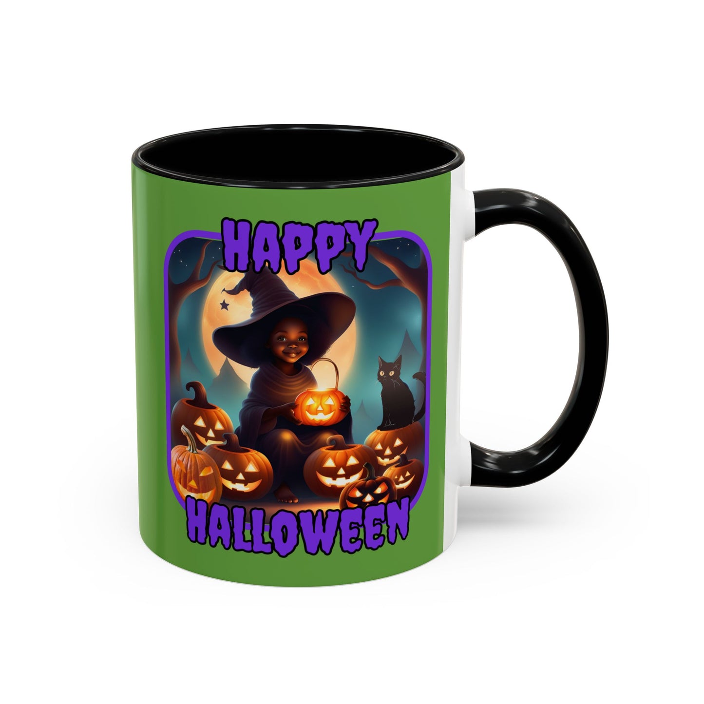 Happy Halloween Cute Witch Purple font Green Accent Mug by CreepyCrafts.boo
