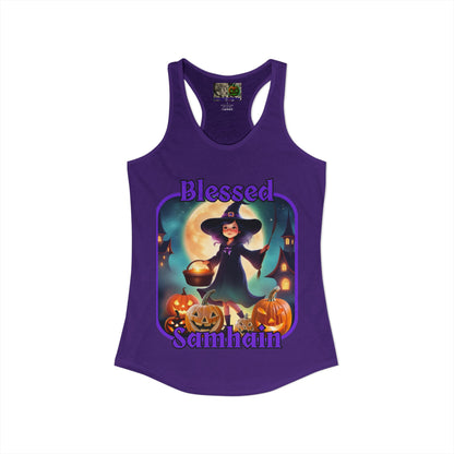 Blessed Samhain Little Witch Purple font Women's Racerback Tank Top by CreepyCrafts.boo