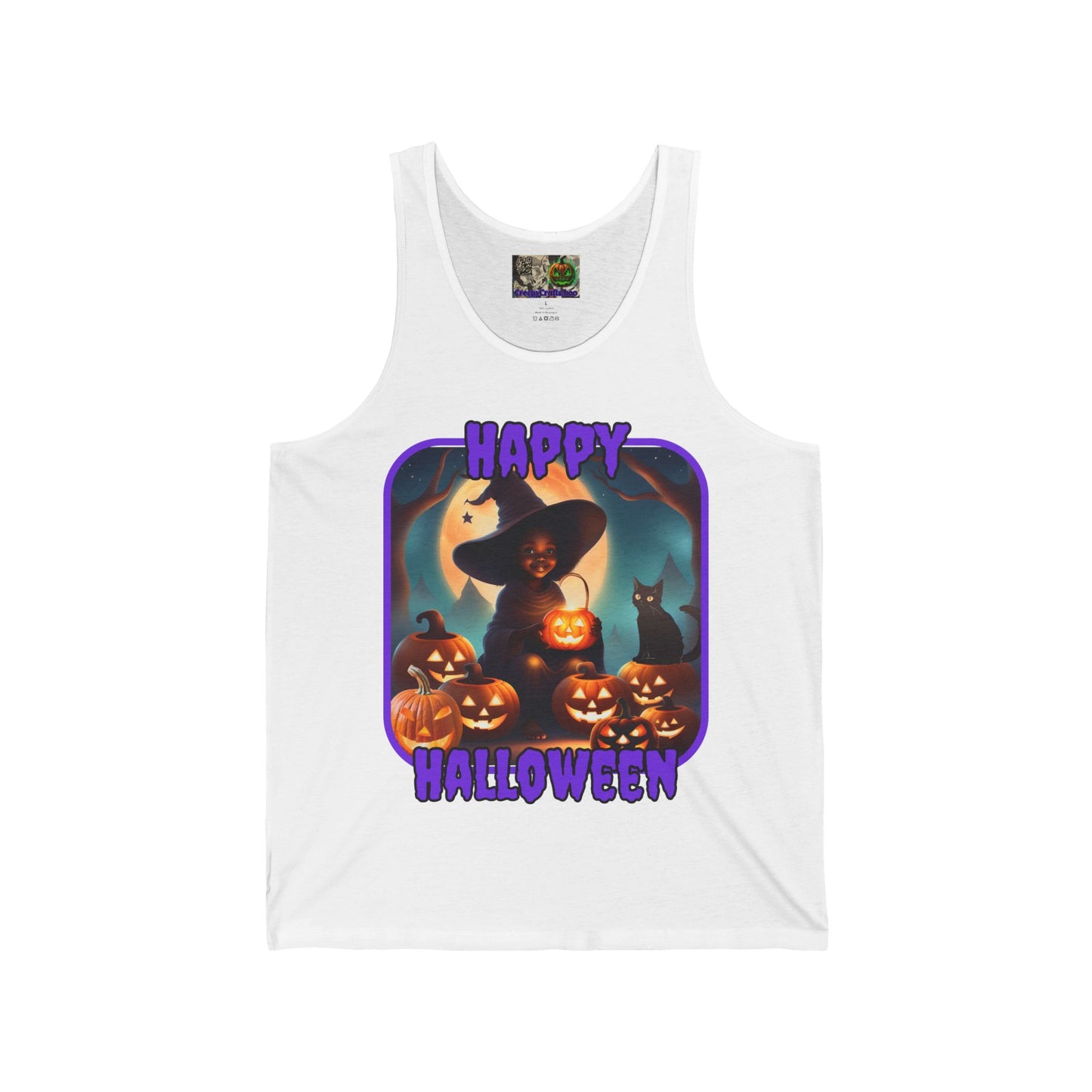 Happy Halloween Cute Witch Purple font Unisex Jersey Tank Top by CreepyCrafts.boo