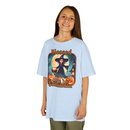 Blessed Samhain Little Witch Orange font Kids Heavy Cotton™ Tee by CreepyCrafts.boo