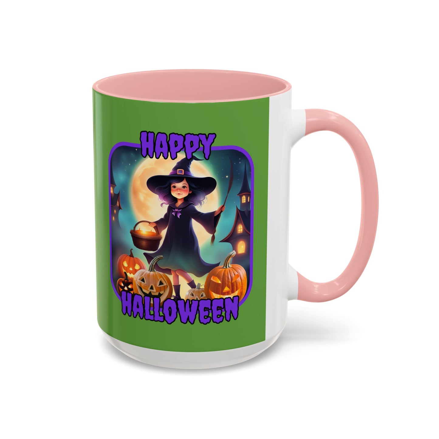Happy Halloween Little Witch Purple font Green Accent Mug by CreepyCrafts.boo