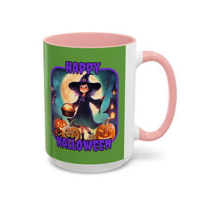 Happy Halloween Little Witch Purple font Green Accent Mug by CreepyCrafts.boo