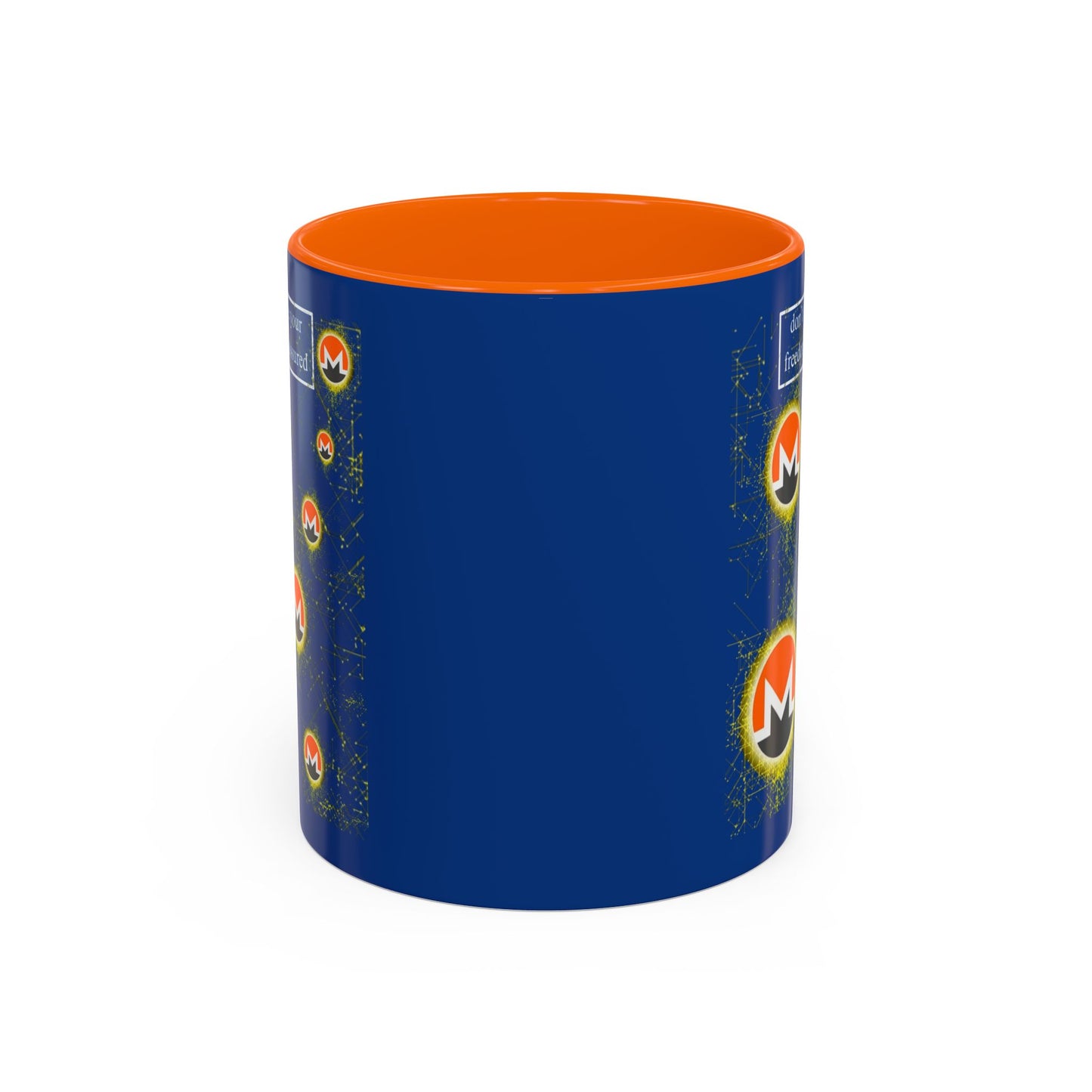 Monero (XMR) don't assume your freedoms are assured Blue Accent Mug by cypherpunkgear.com