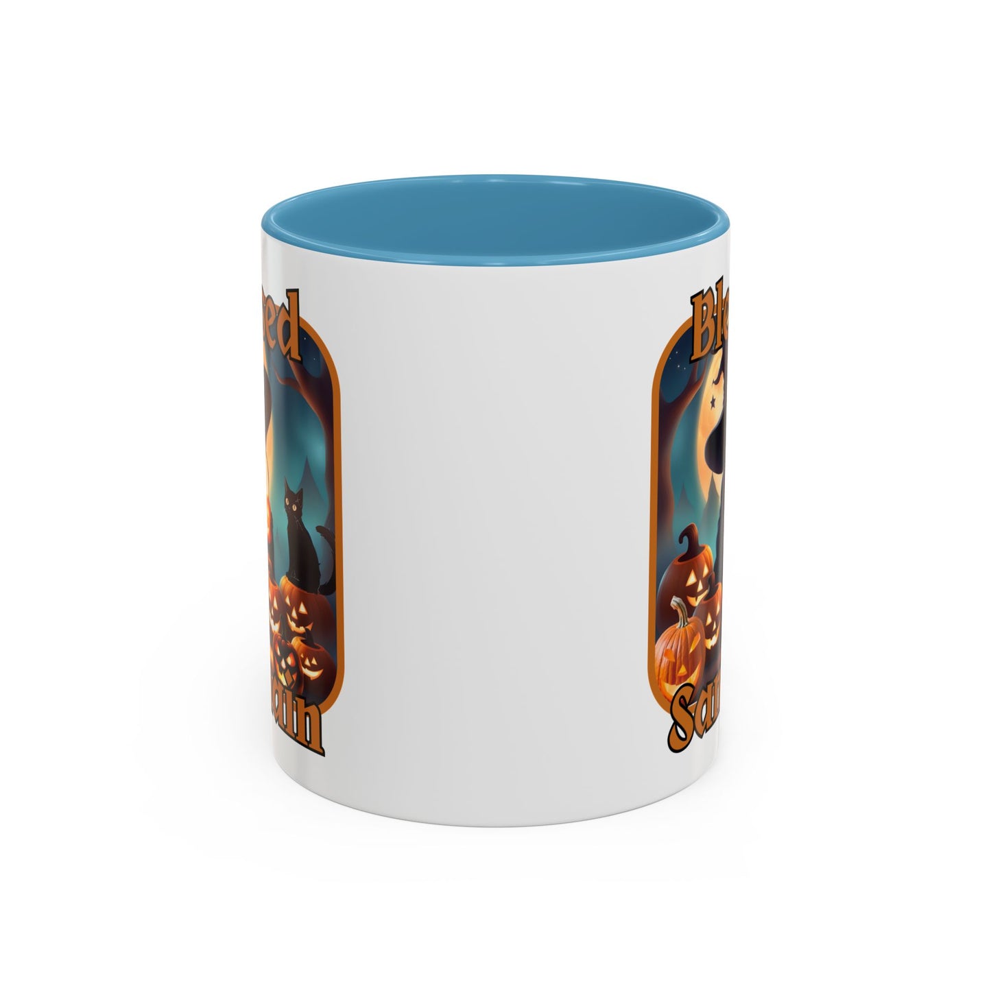 Blessed Samhain Cute Witch Orange font White Accent Mug by CreepyCrafts.boo