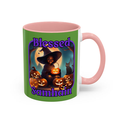 Blessed Samhain Cute Witch Purple font Green Accent Mug by CreepyCrafts.boo