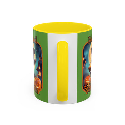 Blessed Samhain Little Witch Orange font Green Accent Mug by CreepyCrafts.boo