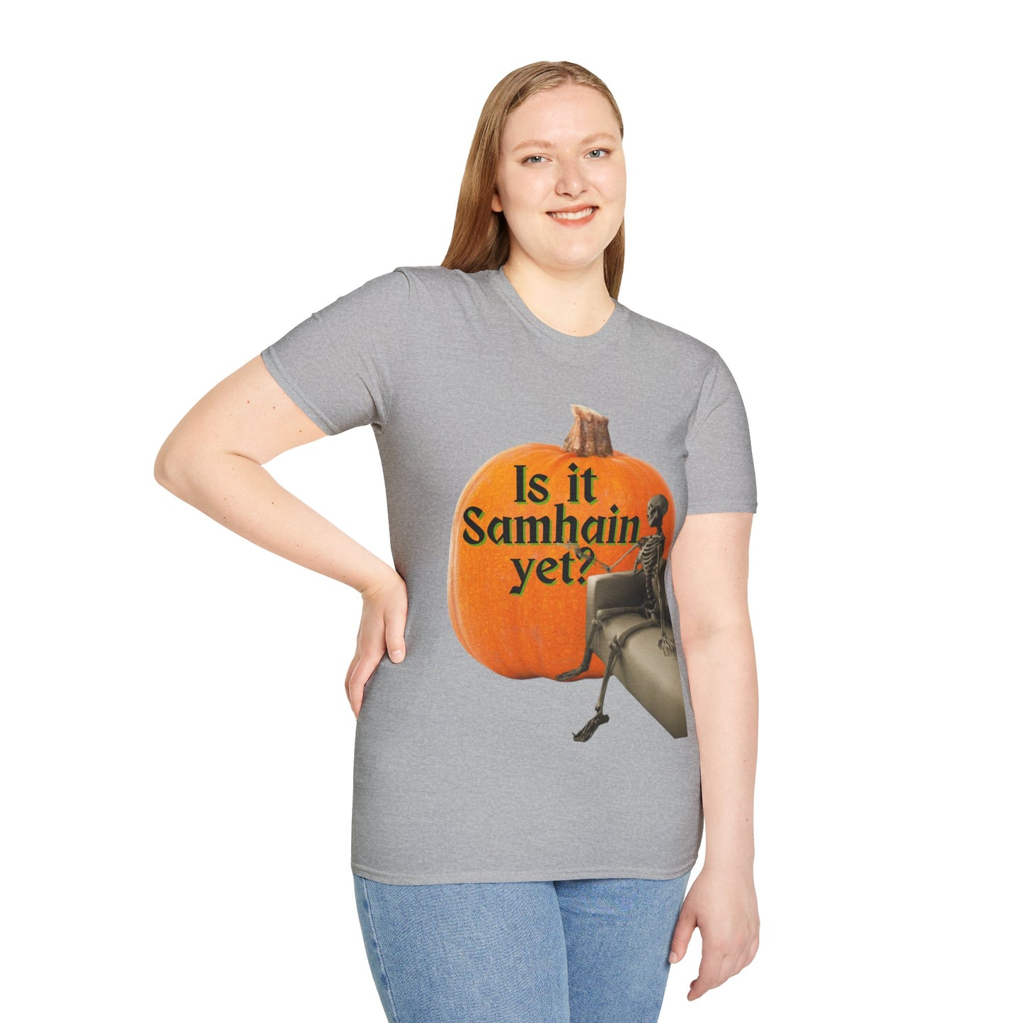 Is It Samhain Yet? Skeleton's Giant Pumpkin Light colors Unisex T-Shirt by CreepyCrafts.boo