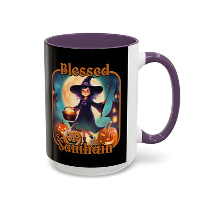Blessed Samhain Little Witch Orange font Black Accent Mug by CreepyCrafts.boo