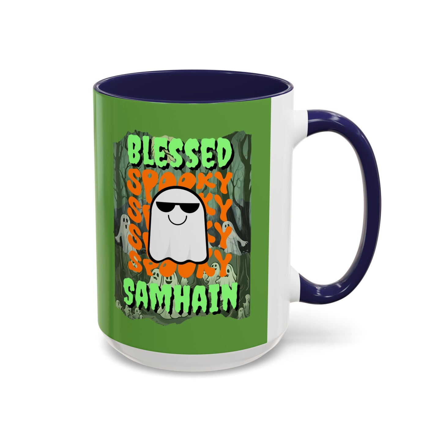 Spooky Blessed Samhain Ghost Green font Accent Mug by CreepyCrafts.boo