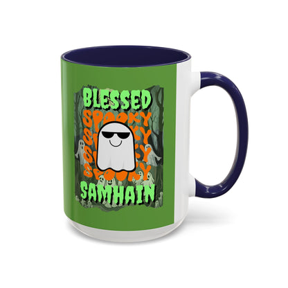 Spooky Blessed Samhain Ghost Green font Accent Mug by CreepyCrafts.boo