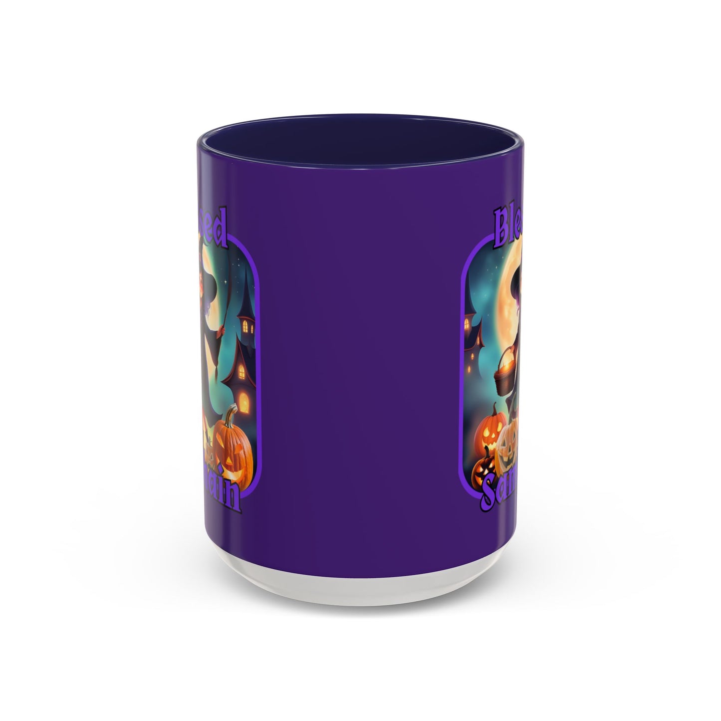 Blessed Samhain Little Witch Purple font Purple Accent Mug by CreepyCrafts.boo