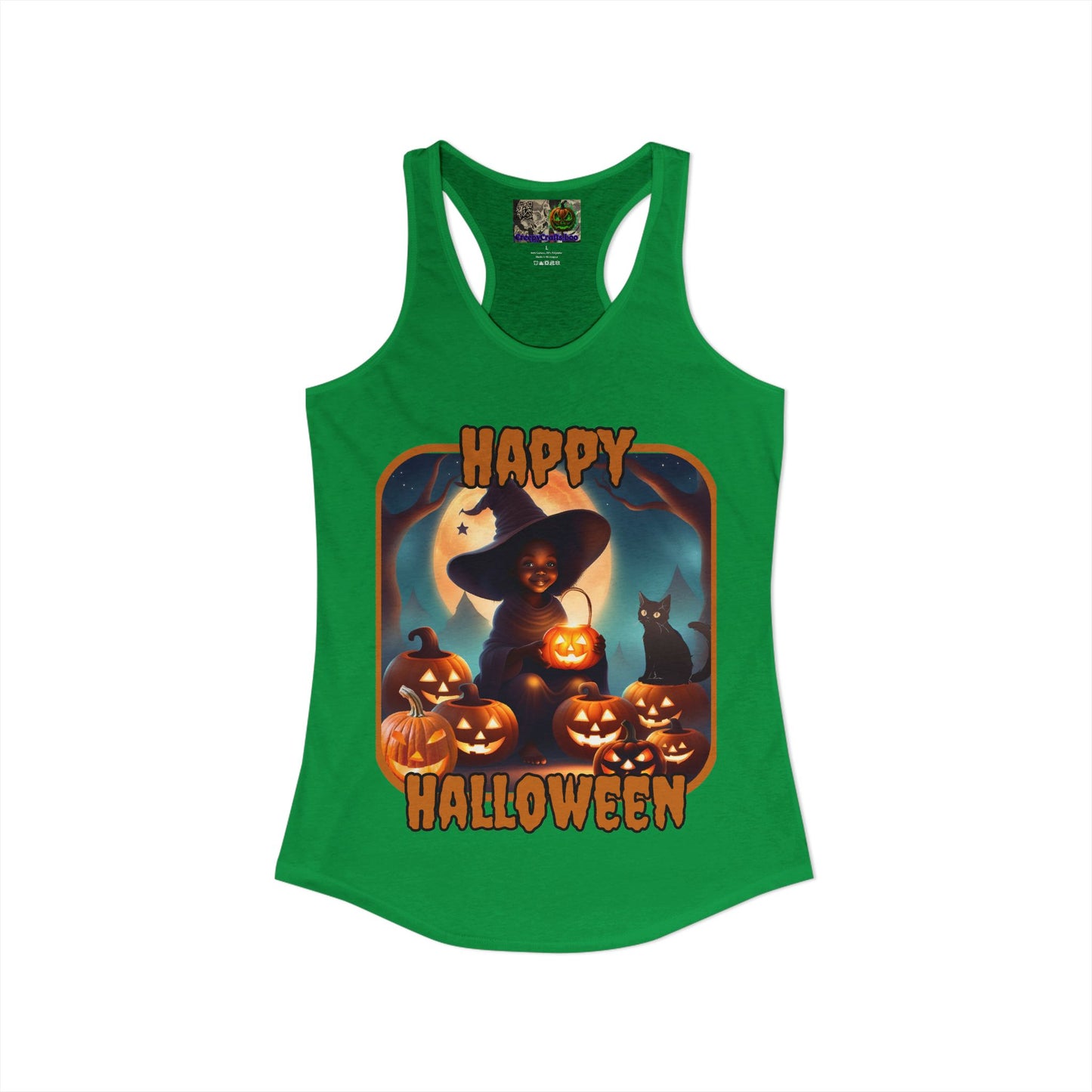 Happy Halloween Cute Witch Orange font Women's Racerback Tank Top by CreepyCrafts.boo