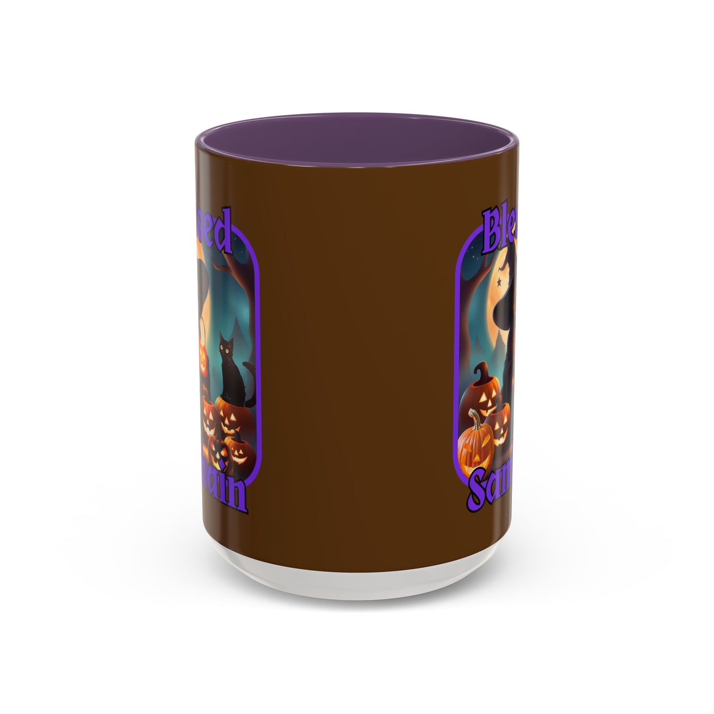 Blessed Samhain Cute Witch Purple font Brown Accent Mug by CreepyCrafts.boo
