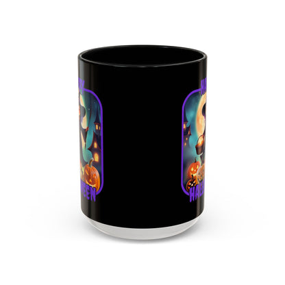 Happy Halloween Little Witch Purple font Black Accent Mug by CreepyCrafts.boo