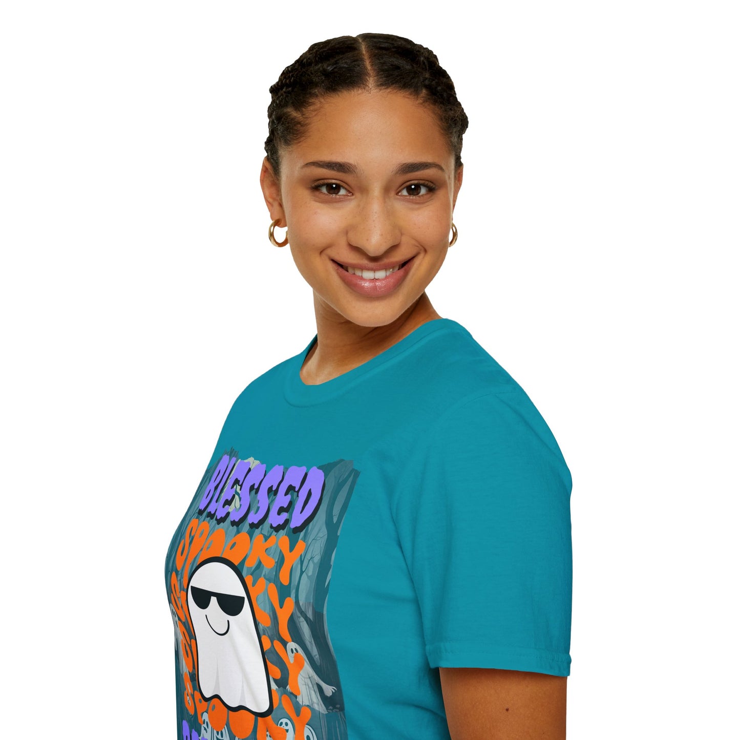 Spooky Blessed Samhain Ghost Purple font Unisex T-Shirt by CreepyCrafts.boo