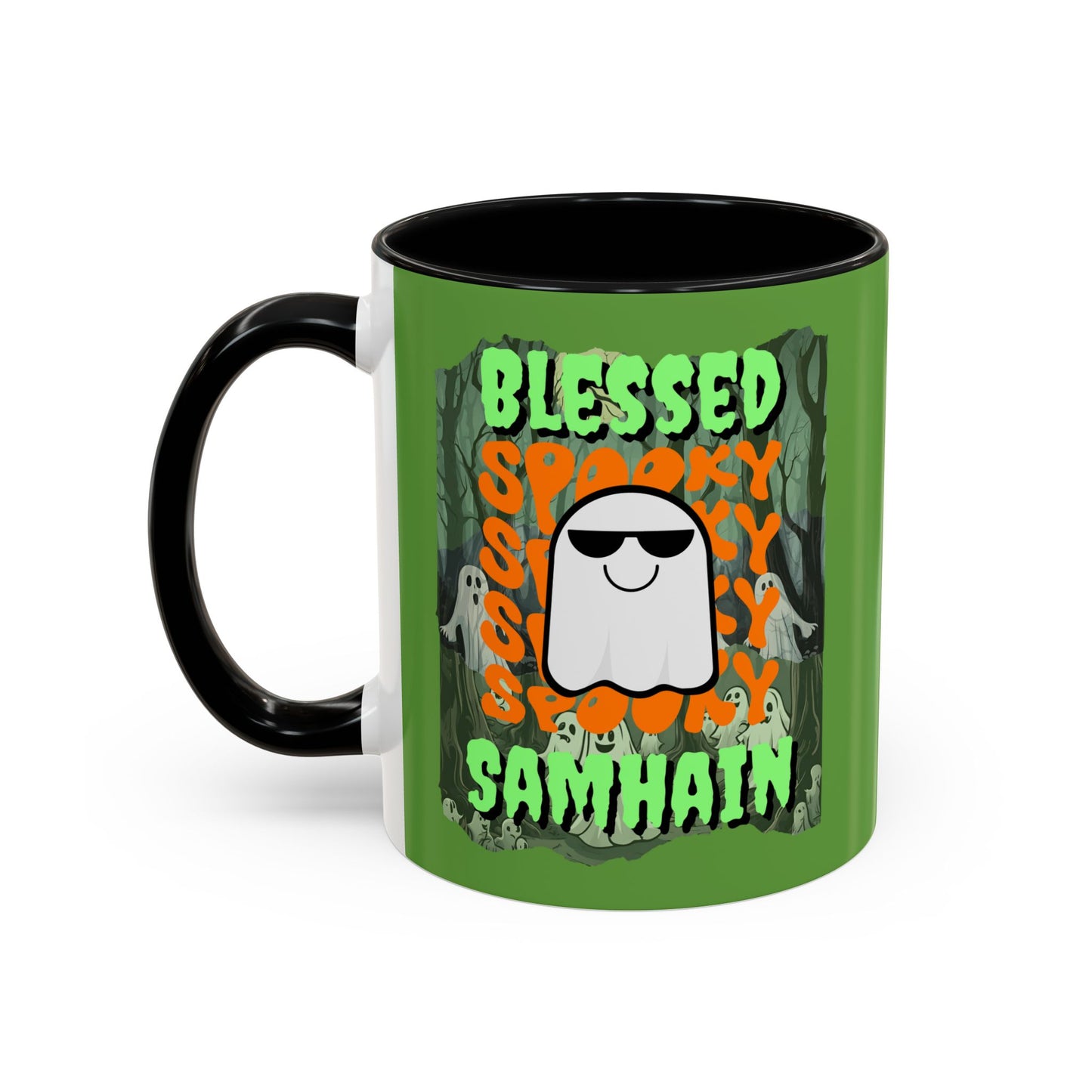 Spooky Blessed Samhain Ghost Green font Accent Mug by CreepyCrafts.boo