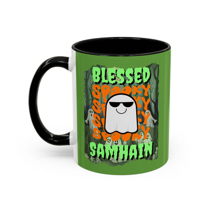 Spooky Blessed Samhain Ghost Green font Accent Mug by CreepyCrafts.boo