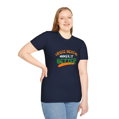 Uisce Beatha makes it better Orange, White, and Green font Dark colors Unisex T-Shirt by cypherpunkgear.com