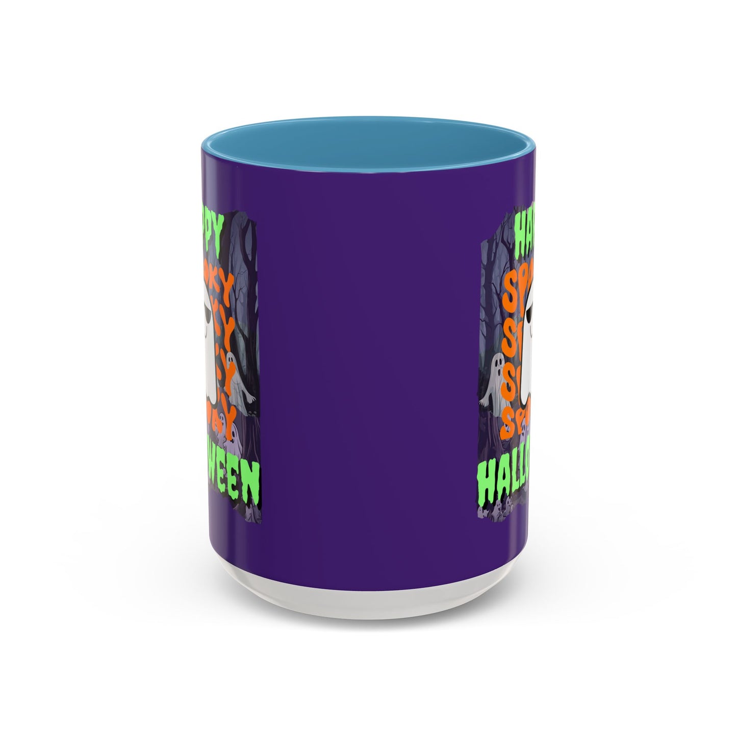 Spooky Happy Halloween Ghost Green font Purple Accent Mug by CreepyCrafts.boo