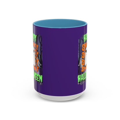 Spooky Happy Halloween Ghost Green font Purple Accent Mug by CreepyCrafts.boo