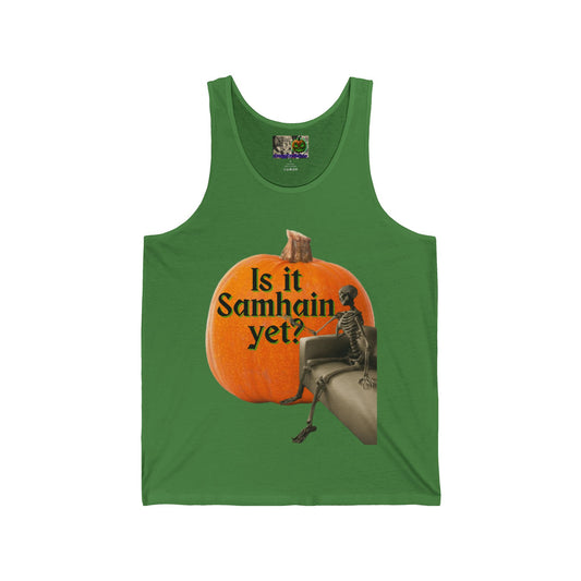 Is It Samhain Yet? Skeleton's Giant Pumpkin Unisex Jersey Tank Top by CreepyCrafts.boo