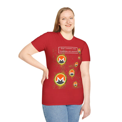 Monero (XMR) don't assume your freedoms are assured Dark colors Unisex T-Shirt by cypherpunkgear.com