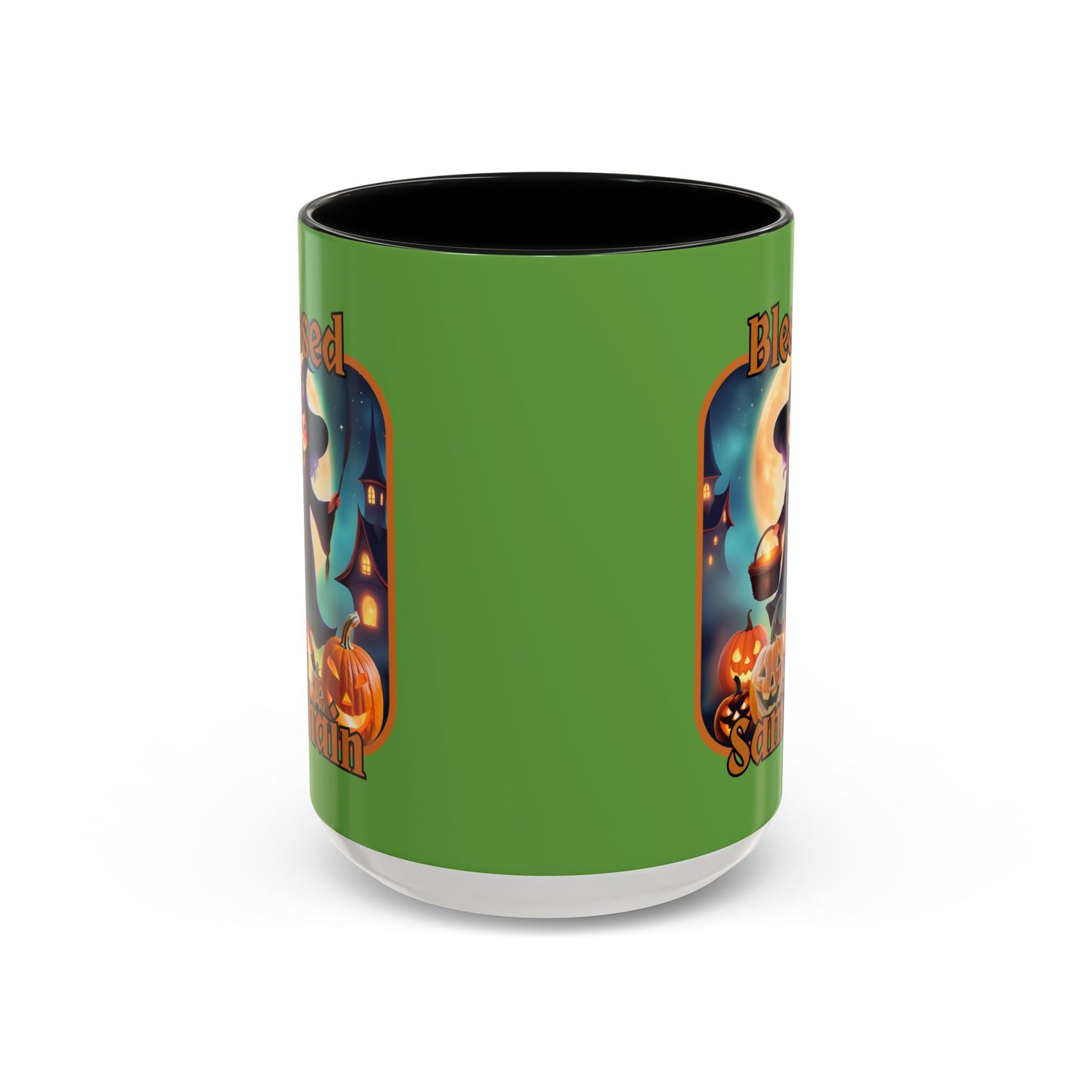 Blessed Samhain Little Witch Orange font Green Accent Mug by CreepyCrafts.boo